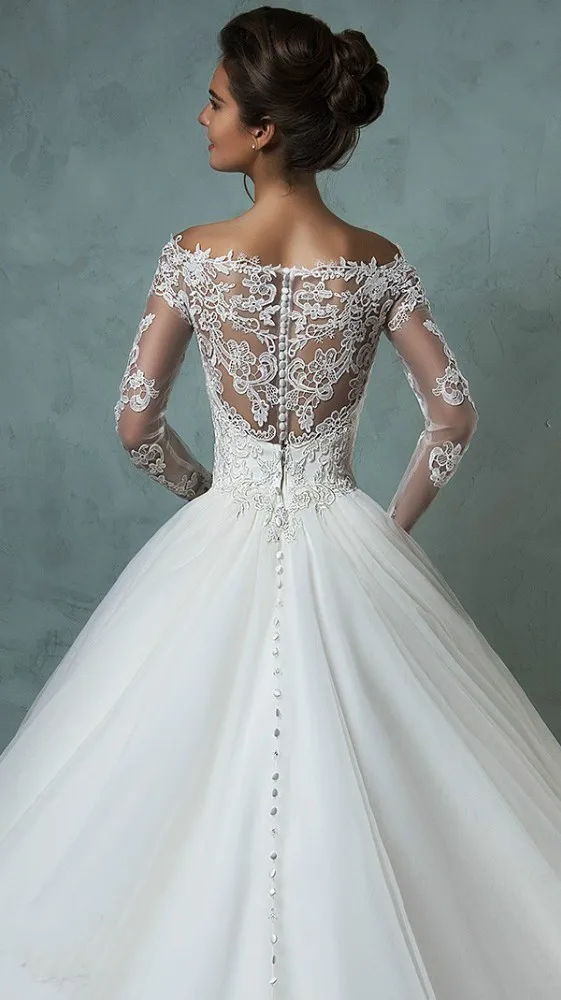 Pure White &amp Ivory Tulle Lace Wedding Dress V-neck Bride Long Sleeve Off The Shoulder Ball Gown Free Shipping Robe De Mariee | Свадьбы и