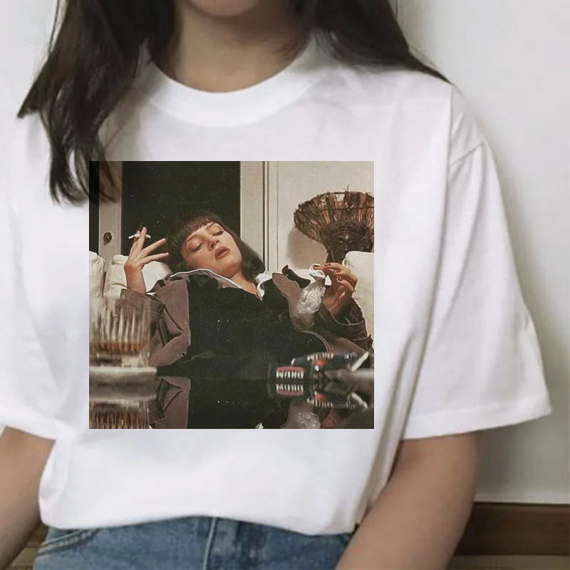 Pulp fiction ulzzang Миа футболка женская с принтом гранж femme harajuku забавная кавайная одежда с коротким рукавом Футболка уличная одежда