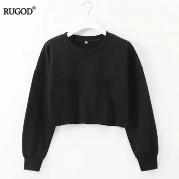 RUGOD летний женский короткий топ, футболка с круглым вырезом и длинными рукавами, однотонная Спортивная модная свободная стильная повседневная рубашка - Цвет: Черный