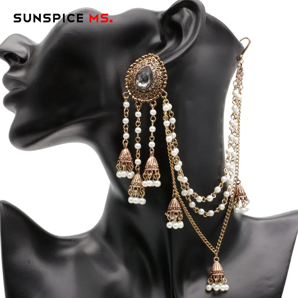 LL095gray-left SUNSPICE, MS, индийские ювелирные изделия, серьги, звено, головной убор для женщин, античное золото, жемчуг, кисточки, серьги, кристалл, винтажные свадебные аксессуары - Окраска металла: LL095gray-left