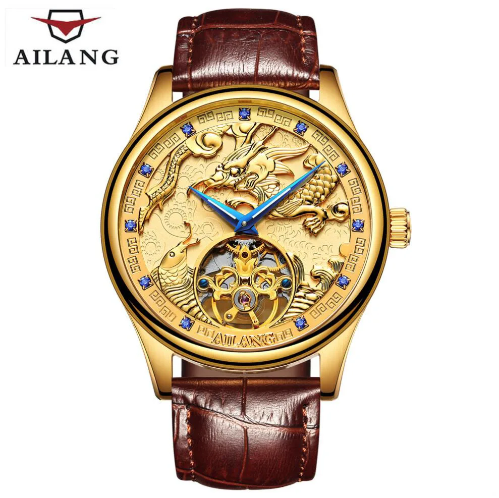 Лошадь узор tourbillon Классический для мужчин деловые часы деловые водонепроницаемые часы Элитный бренд пояса из натуральной кожи автоматические часы - Цвет: Golden dragon