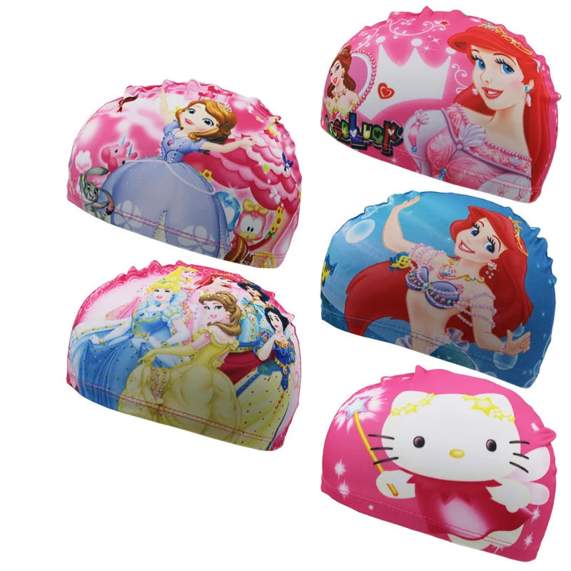 New Cute Cartoon Print Swimming Caps for Children Kids Polyster Pool Swim Caps for Long Hairs Swim Hat Bathing Caps for Baby