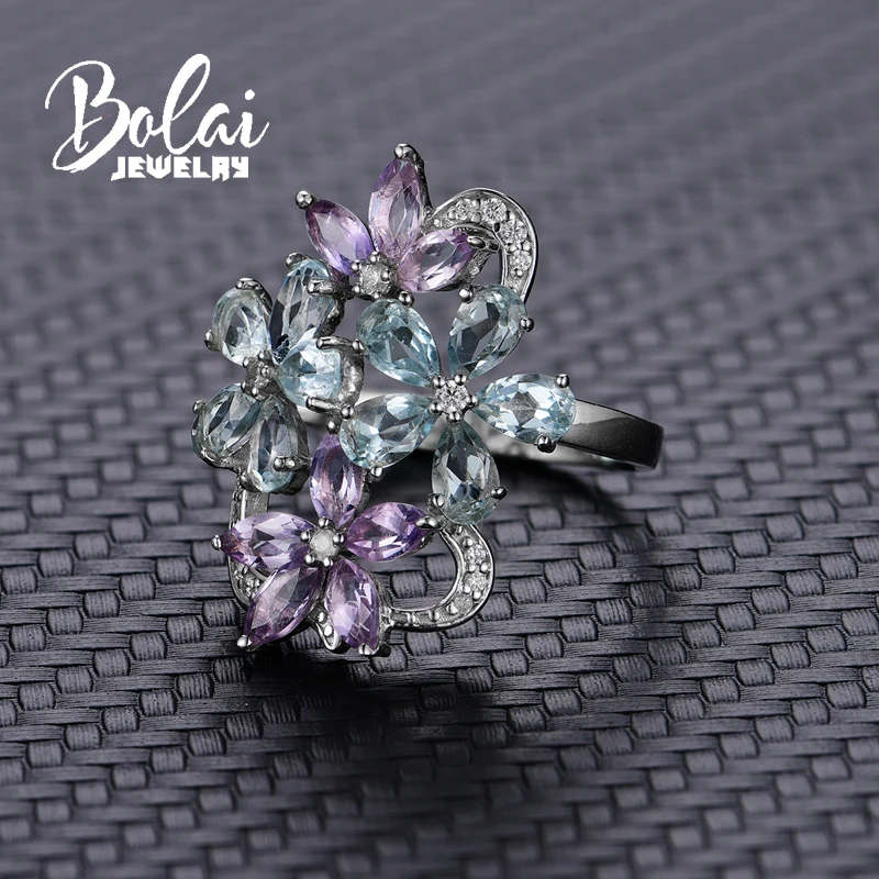 Bolaijewelry цветок и листья натуральный аметист или кольцо с голубым топазом в 925