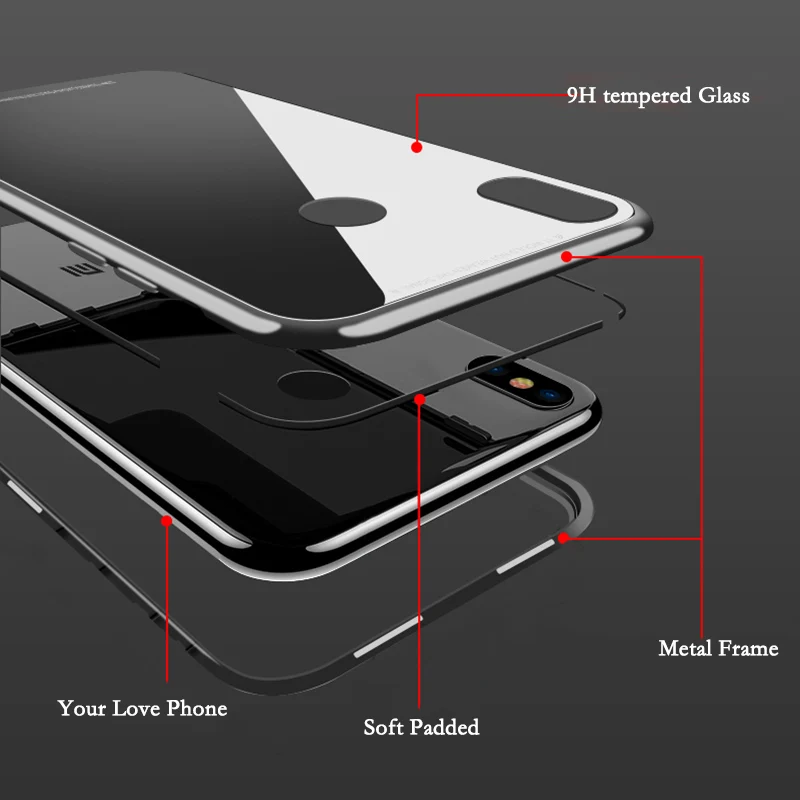Магнитный чехол для Xiaomi Mi 9 металлический алюминиевый корпус Задняя стеклянная