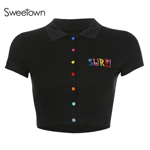 as picture Sweetown Лето черный короткий рукав короткий топ Женская Базовая футболка контрастный цвет однобортный отложной воротник Милая футболка - Цвет: as picture