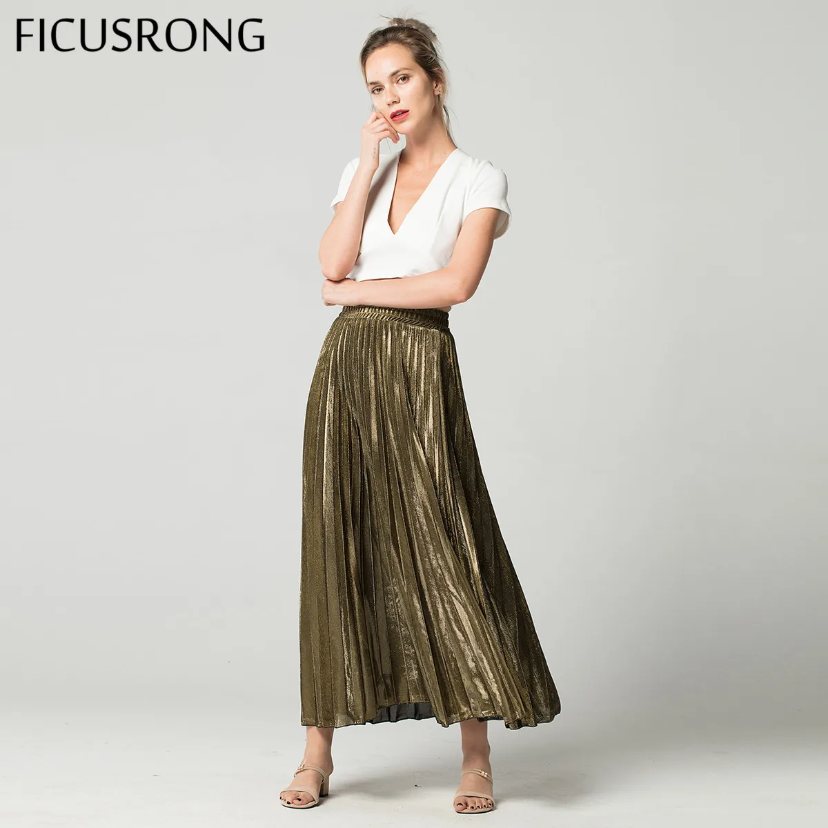 Spring Skirts Golden High Waist Slim Pleated Skirt Women's Simple Autumn A-line Streetwear Beach FICUSRONG | Женская одежда