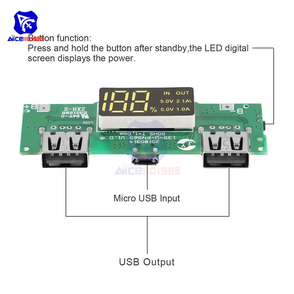 Внешний аккумулятор со светодиодной подсветкой 2 USB порта 5 В 18650 А|Интегральные