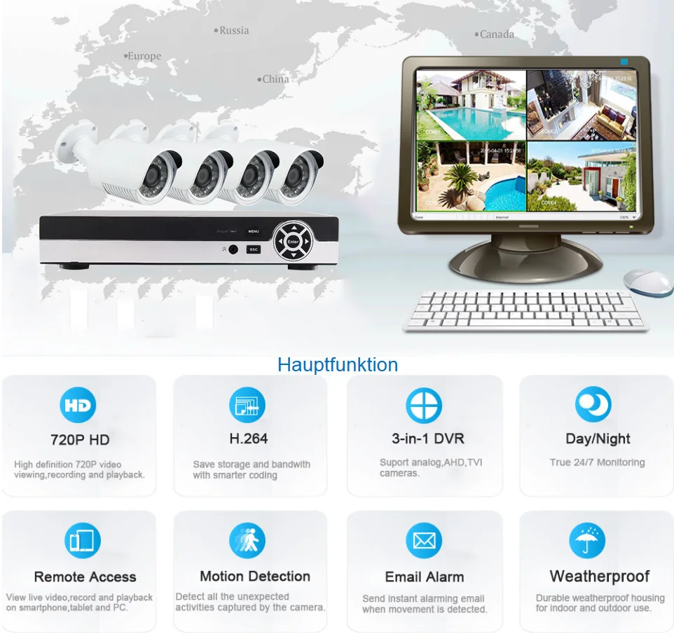 Система видеонаблюдения 4 канала AHD 5 в 1 HDMI 720P 2000TVL|kit kits|kit outdoorkit hdmi |