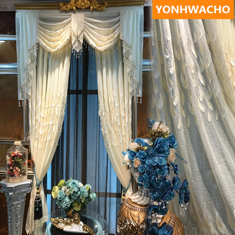 

Custom tulle luxury European embroidered Leaf feather embossed gauze white tulle sheer voile curtain valance B244