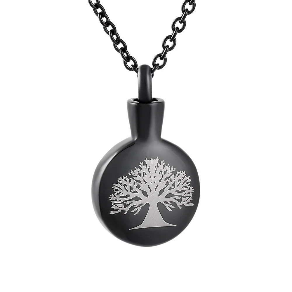 black IJD9805 Дерево жизни модный дизайн кремационные украшения круглые похорон урна для праха keepsake Горячая ожерелье для кремации - Окраска металла: black