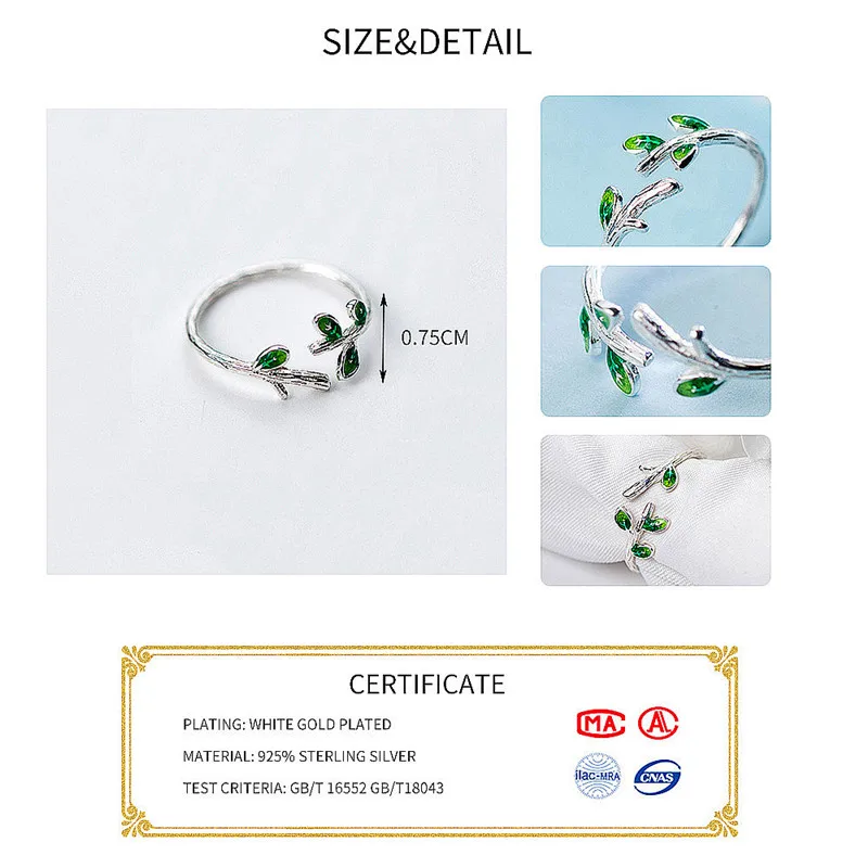 INZATT, настоящее 925 пробы, серебряное, корейское, Зеленый лист, регулируемое, открывающийся лист, кольцо, модное,, растение, ювелирное изделие для женщин, вечерние