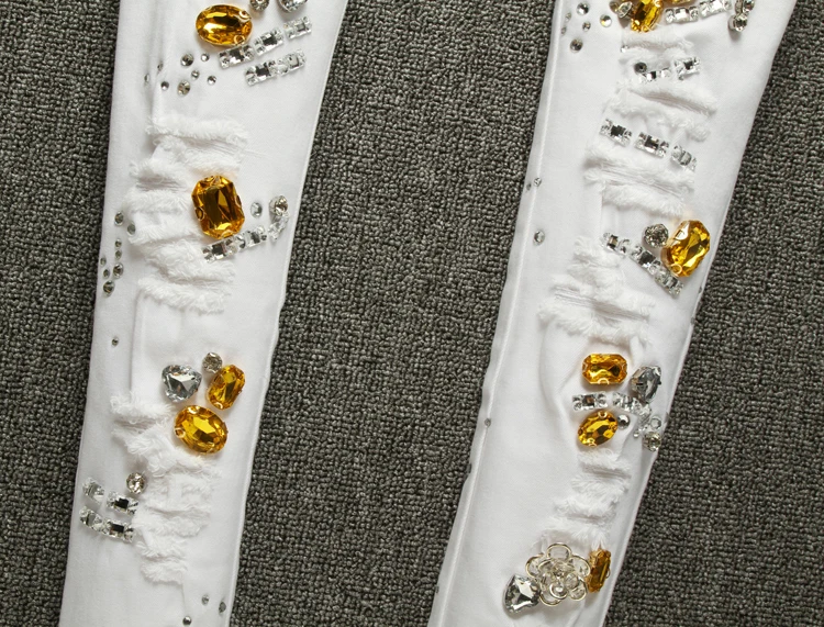 

Crytal Designs Jeans White Ripped Jeans For Women Stretch Diamond Jeans Woman Thin Denim Pencil Pants J036