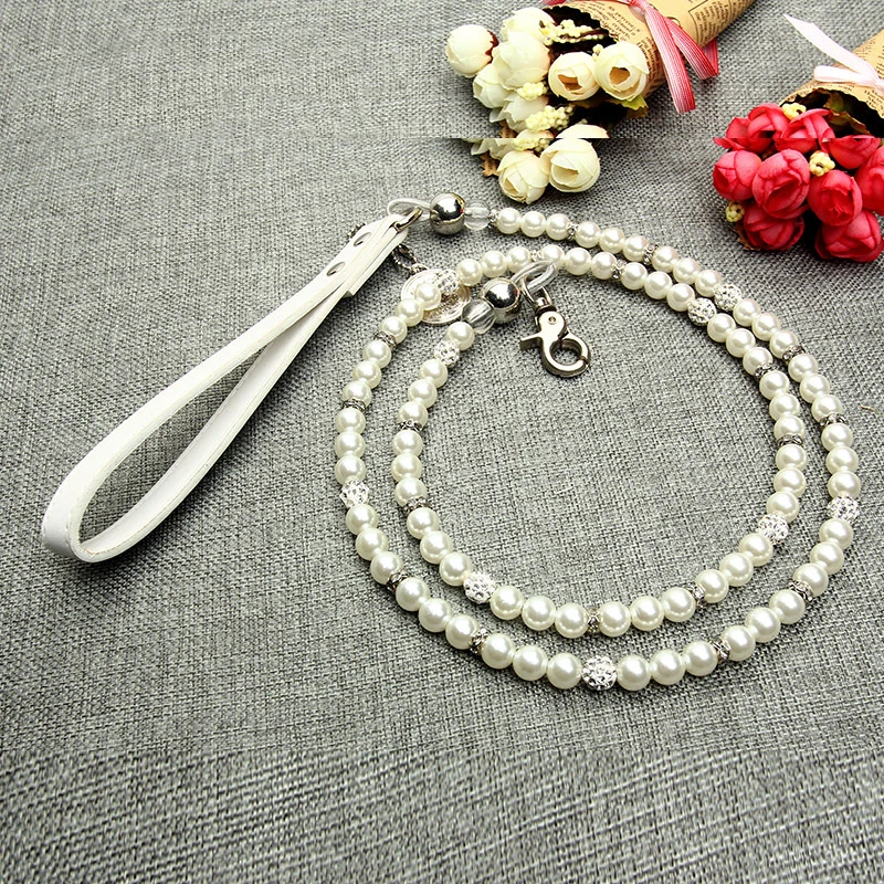 Собака Кошка роскошный жемчуг цепь поводок белый вышитый бисером ходьба Бег