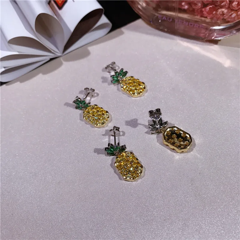 2017 new fashion S925 sterling silver exquisite craft pineapple earrings lovely yellow zircon stone fruit women's | Украшения и