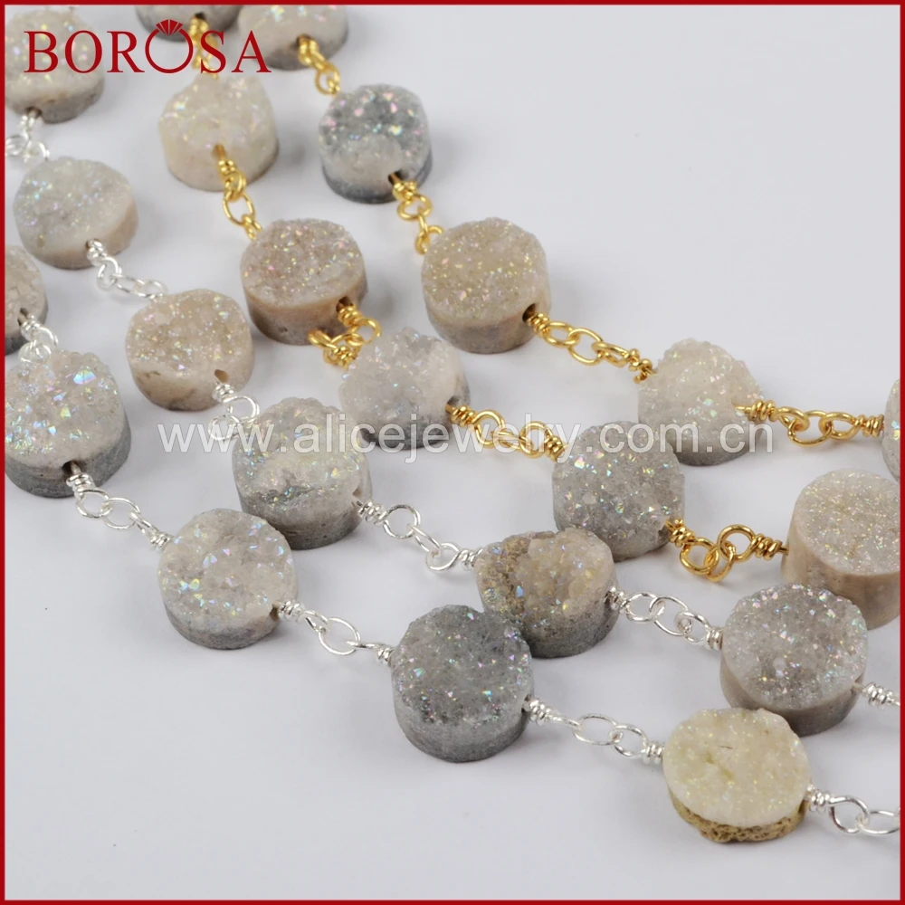 

BOROSA Gold Color Or Silver Color 10mm Round Agates Titanium AB Druzy Beads Wire Wrapped Rosary Chain DIY Jewelry Findings JT157