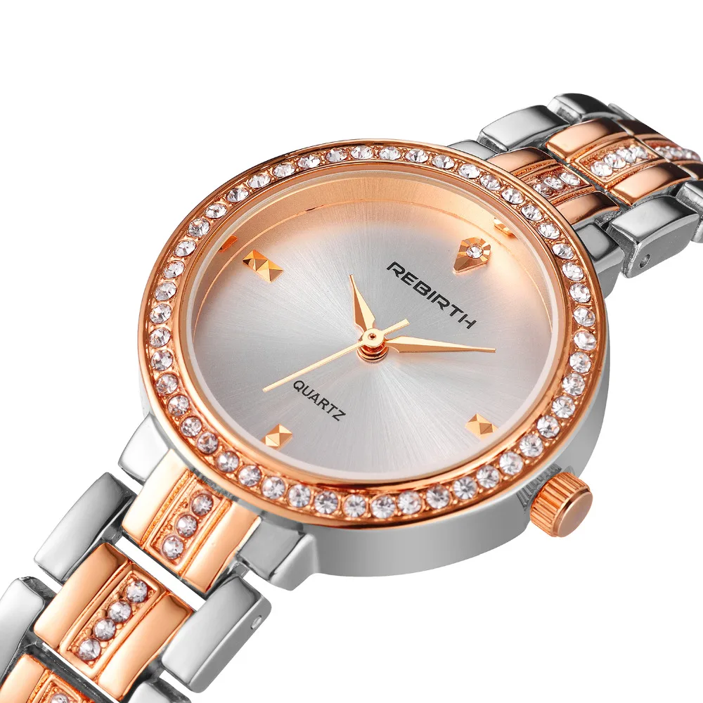 

Fashion REBIRTH Women Watches Luxury Lady Clock Exquisite Rhinestone Casual Wristwatches Crystal Gold Steel Gift