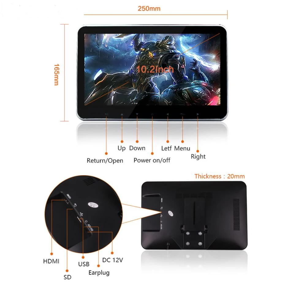 Caroad 2 5 дюймовый Ультратонкий Монитор для автомобильного подголовника MP5 плеер HD 10