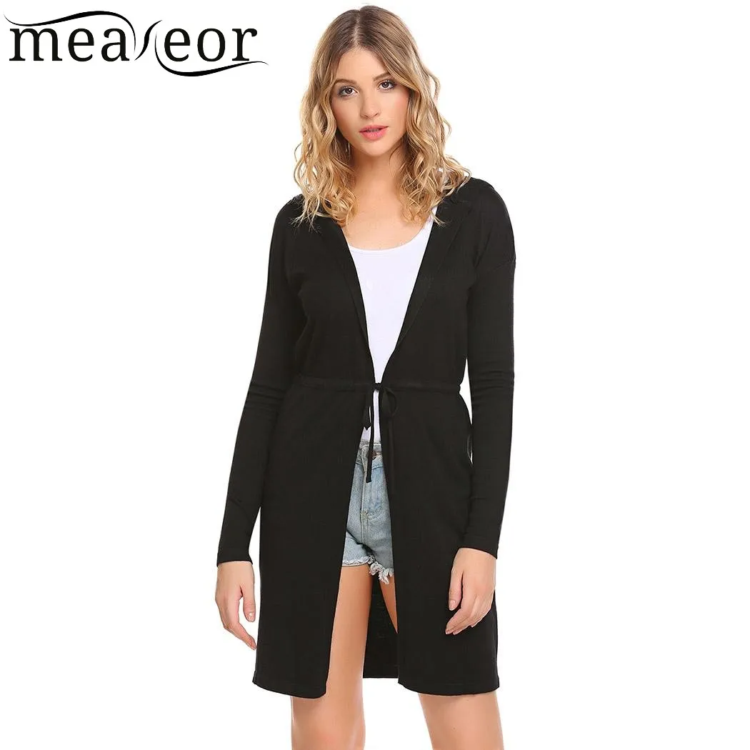 Meaneor Women Hooded Cardigan Sweaters Casual Long Sleeve Solid Open Stitch Drawstring Slim Knit Female Outwear Tops |
