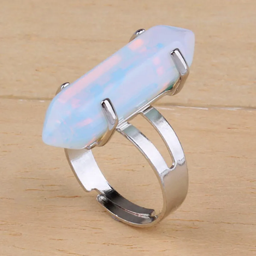 

100-Unique Silver Plated Resizable Opening Hexagon Column Opalite Opal Stone Ring For Anniversary Jewelry