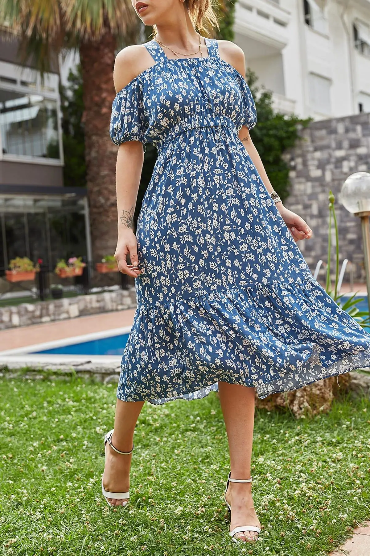 Xhan женское синее платье с открытыми плечами и цветочным узором 9YXK6 41302 12|Женские