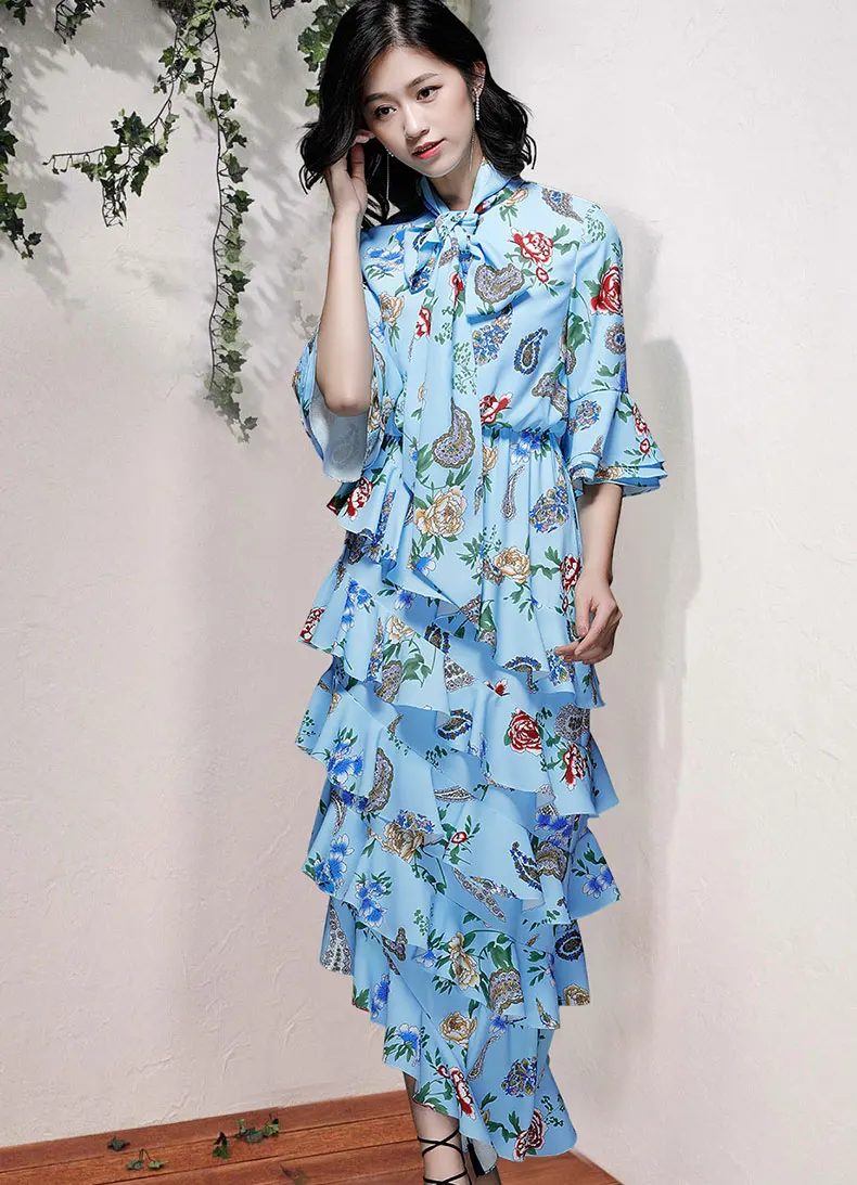 

See Orange Vestidos Dress Women Spring Summer Print Florals Empire Long Dress 2018 Blue Bodycon Beach Dress SO1011