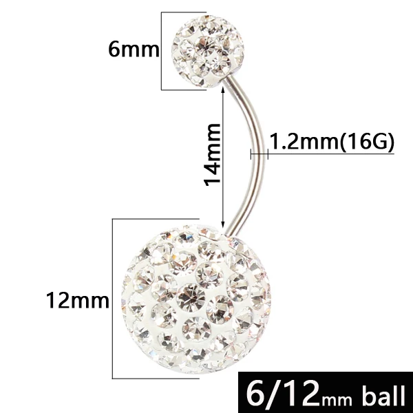 Belly button ring 6/12 mm ball 16G not allergic stainless steel piercing aurora white pink top quality navel bar body jewelry - Окраска металла: White length 14mm
