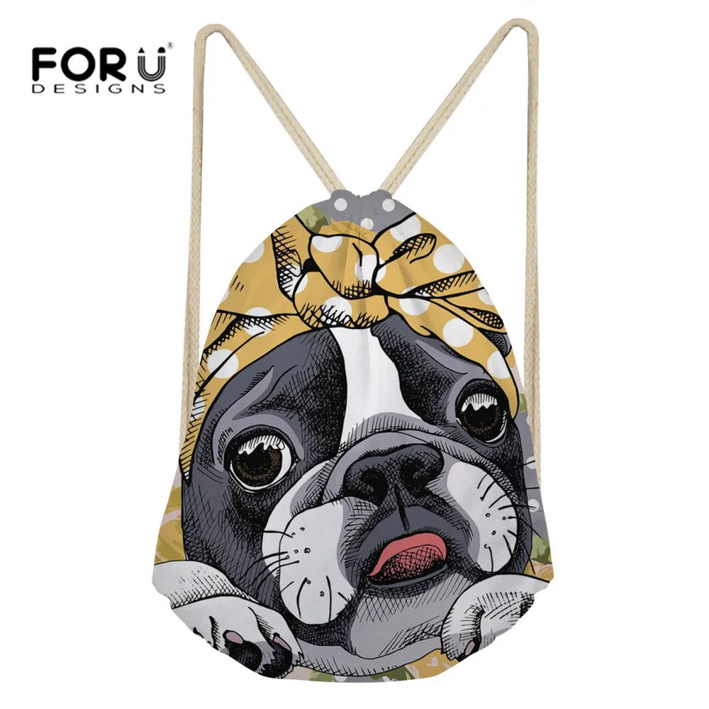 

FORUDESIGNS Women's Drawstring Bag Cartoon Boston Terrier Printing Cute School Bags For Kids Girl Small Fashion Shopping Daypack