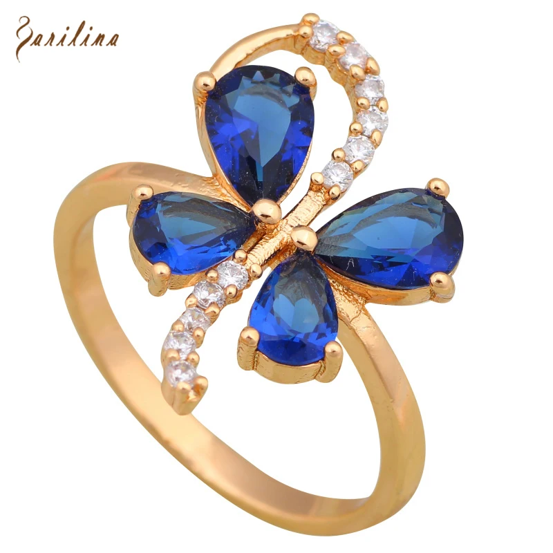 Новое модное кольцо с синим фианитом для девочек желтое золото Размер 7 8 9 10 R587|rings