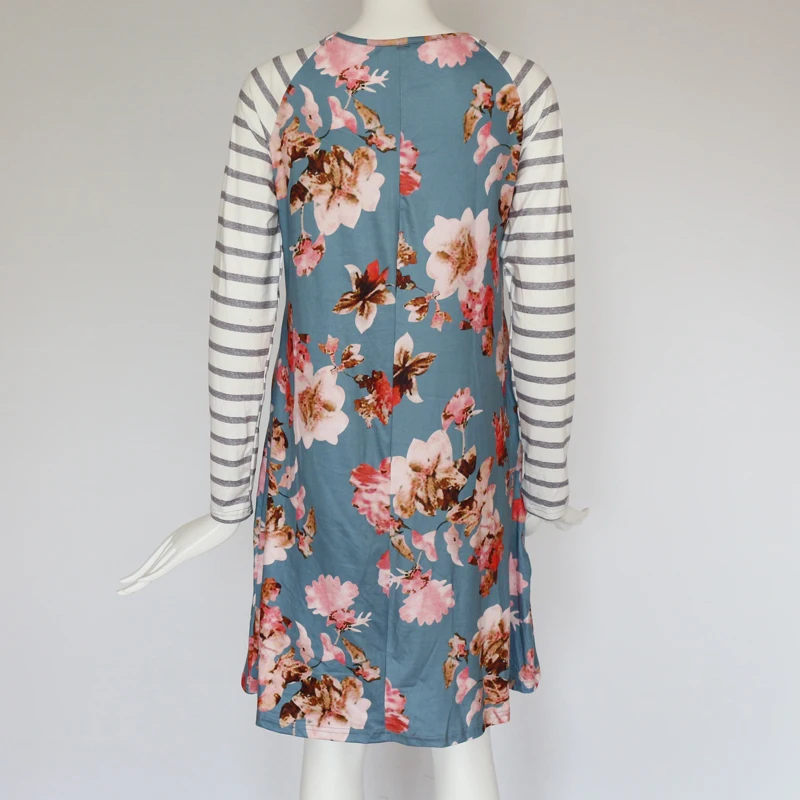 

Bohemian Style Ladies Casual Loose Dress Striped Long Sleeves Print Blue Dresses for Women Spring Autumn O-neck Vestidos Female