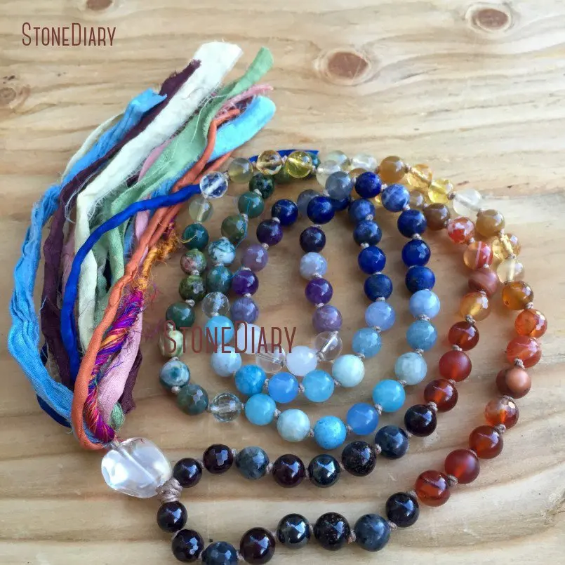 

Fashion Silk Sari Tassel 7 Chakra Healing 108 Beads Mala Necklace Mix Stone Healing Yoga Meditation Prayer Beads NM11108