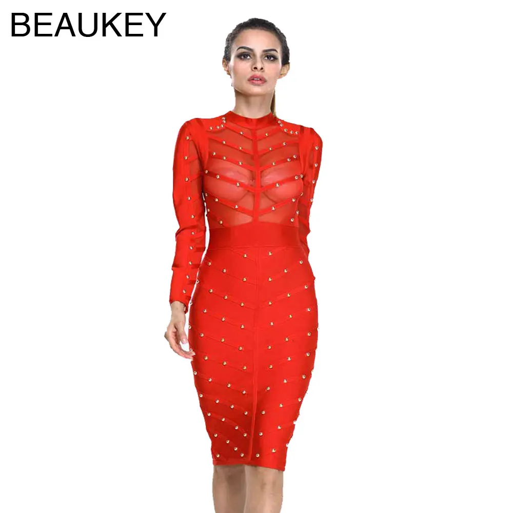 Женское облегающее платье BEAUKEY красное Сетчатое с длинным рукавом расшитое