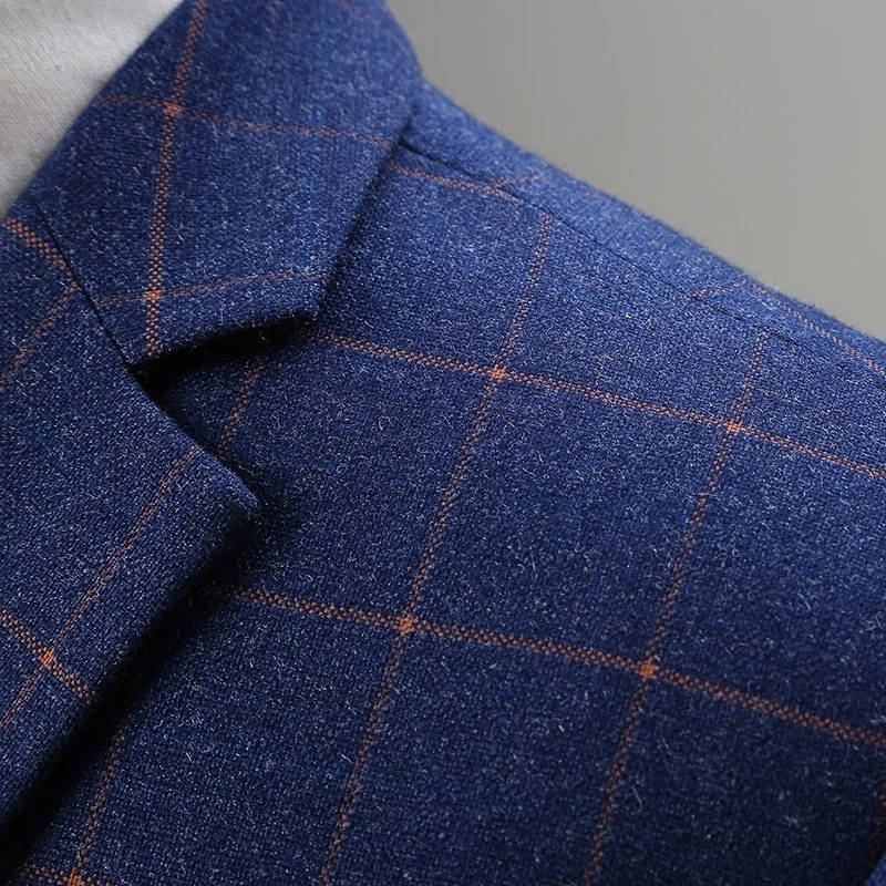 Men Dress Suit Blue Plaid Business Casual Slim Fit Homme Wedding Classic Vintage Check Formal Groomsmen Men's Clothing | Мужская