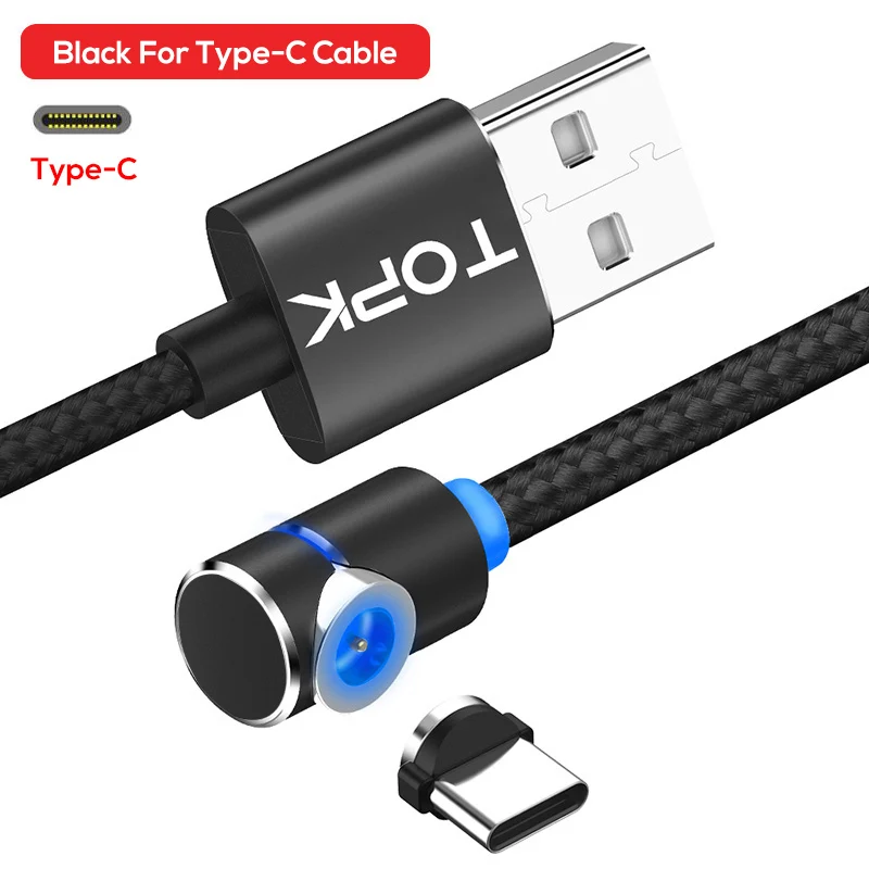 Type-C Cable Black TOPK 90 градусов L Тип Магнитный кабель, СВЕТОДИОДНЫЙ Магнитный зарядный кабель для iPhone Xs Max X 8 7 5 и Micro USB кабель и usb type-C USB C - Цвет: Type-C Cable Black
