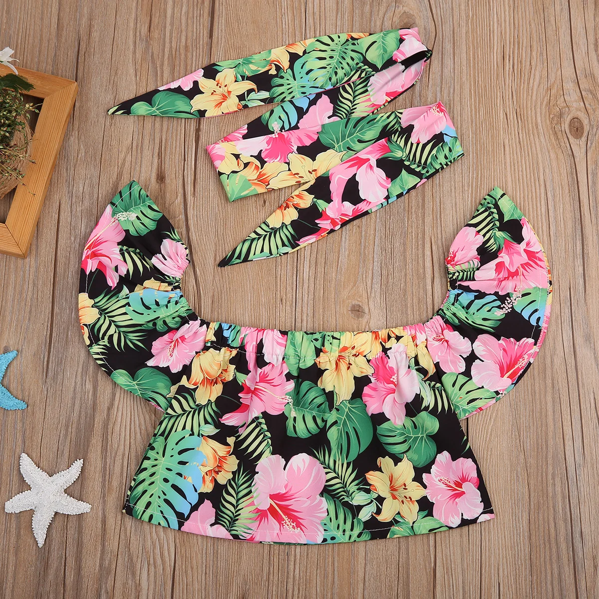 2017 Стильные топы с открытыми плечами для маленьких девочек зелеными листьями и