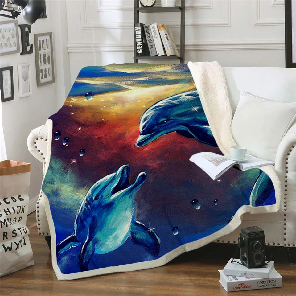 Plstar Cosmos Cute dolphin colorful animal Blanket 3D print Sherpa on Bed Home Textiles Dreamlike style-2 |