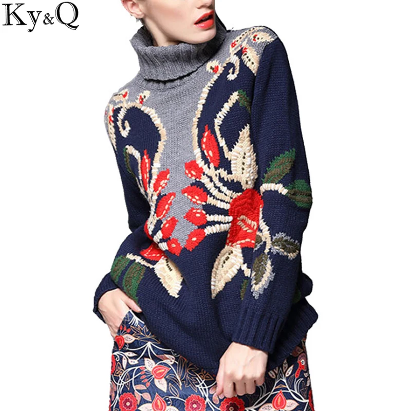 2022 Spring Women Thick Sweaters Turtleneck Neck Knitted Pullovers Christmas Female Runway Embroidery floral Jumper Clothing | Женская