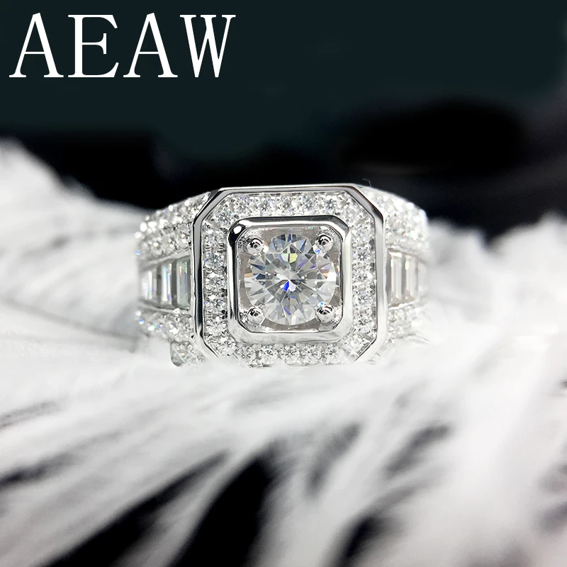 

AEAW Luxurious Pave Moissanite Ring 14k White Gold 2CTW Round Cut Brillant Lab Diamond Band For Men's Wedding Men's Jewelry
