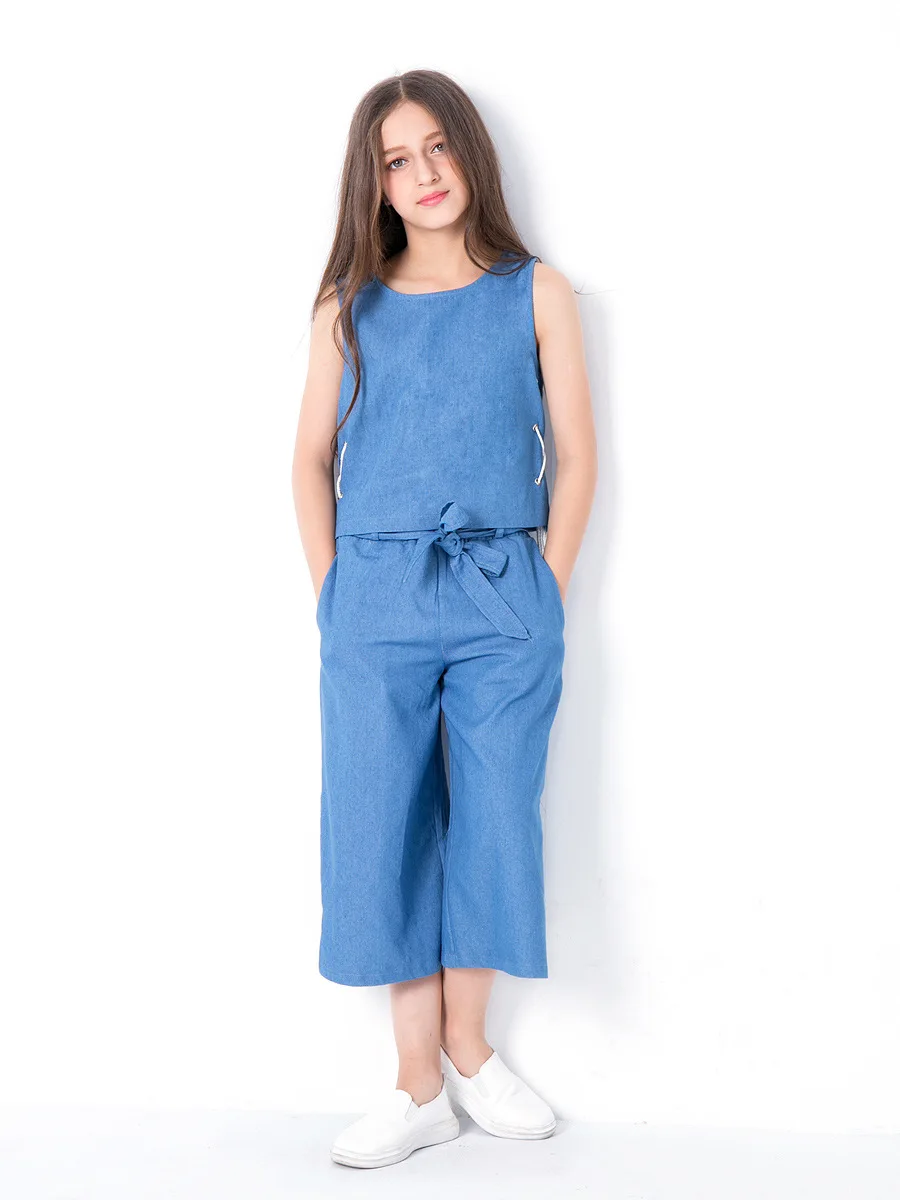 suit Комплект одежды для девочек-подростков; коллекция года; летняя Кружевная футболка; свободные штаны; джинсовый костюм; Спортивный костюм; детская одежда; Детский костюм для детей 12 лет - Цвет: suit