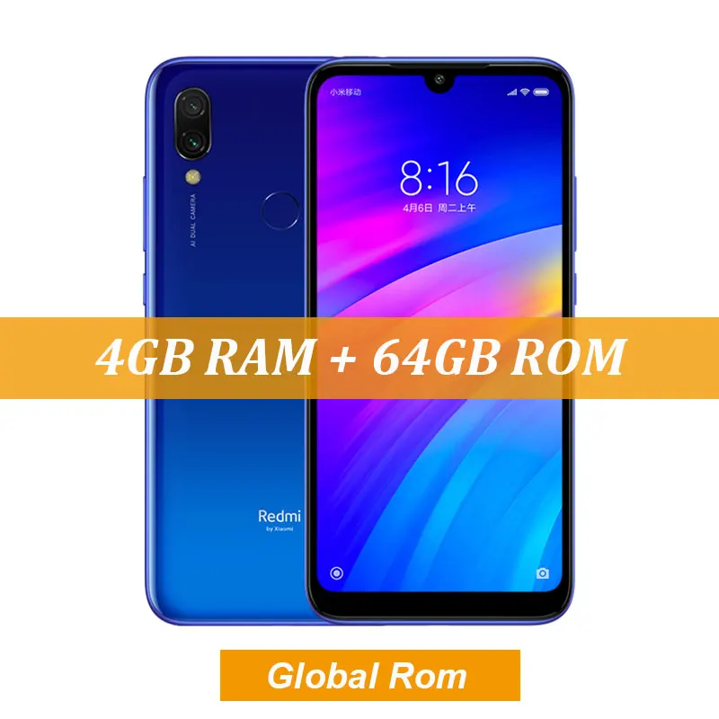 Blue Xiaomi Redmi 7 с глобальной прошивкой, 4 Гб ОЗУ, 64 Гб ПЗУ, Восьмиядерный процессор Snapdragon 632, 12 МП, двойная камера AI, мобильный телефон, 4000 мАч, большая батарея - Цвет: Blue