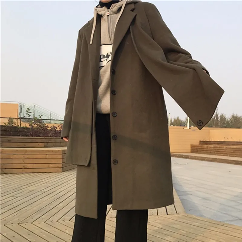 XIZIHUPAN Woolen Coat Female Long Sleeve Turn Down Collar Loose Thick Overcoat Button Solid Colour Top Fashion New Tide | Женская одежда