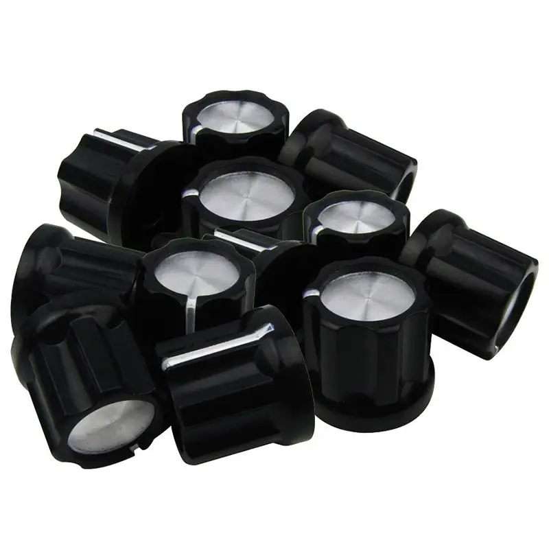 

D-Type Shaft Guitar Bass Pot Knobs Amp Knobs Buttons Caps, Black With Silver Top, Pack Of 12