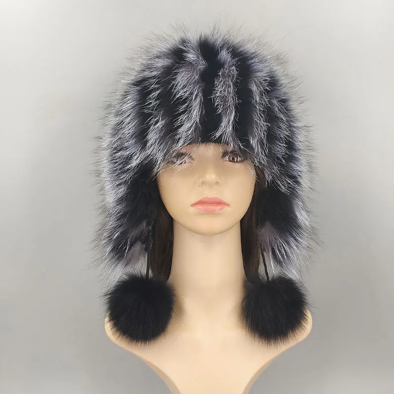 05 Black and silver Горячая Распродажа из натуральной черно-бурой лисицы меховая шапка женская зимняя вязаная шапочка Женская шапка из лисьего меха бомберка женская шапка с ушками теплая зимняя - Color: 05 Black and silver