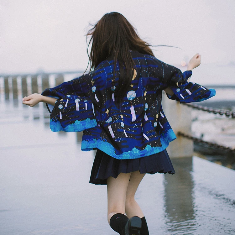 Japanese Style Star Moon Windbell Print Kimono Haori Yukata Fashion Summer Sunscreen Cardigan Coat Women Men Cosplay Couple Tops