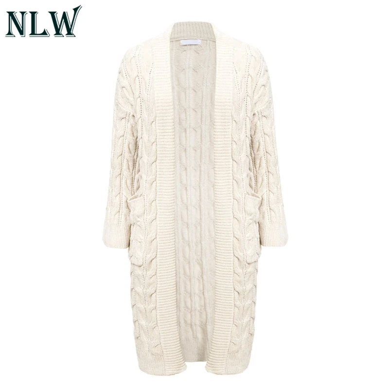 NLW Chenille Wool Long Pink Cardigans Women 2019 Autumn Winter Knitted White Pockets Cardigan Casual Loose High Quality |