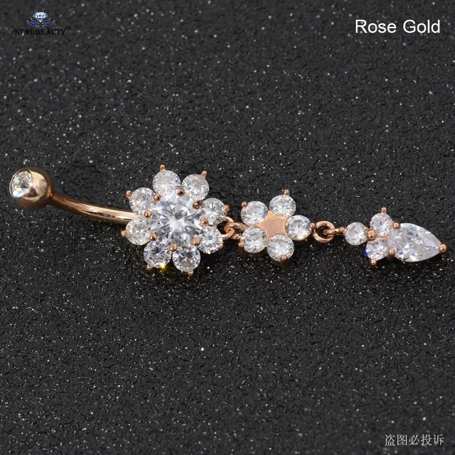 Starbeauty 1pc Crystal Ball Dangle Belly Bars Flower Piercing Rose Gold Earrings Button Rings Navel Nombril | Украшения и