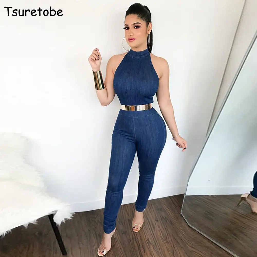 

Tsuretobe Sleeveless Bodycon Denim Jumpsuit Women Rompers Fashion Zippers Sexy Tight Overalls Bodysuit Female Jeans Jumpsuit