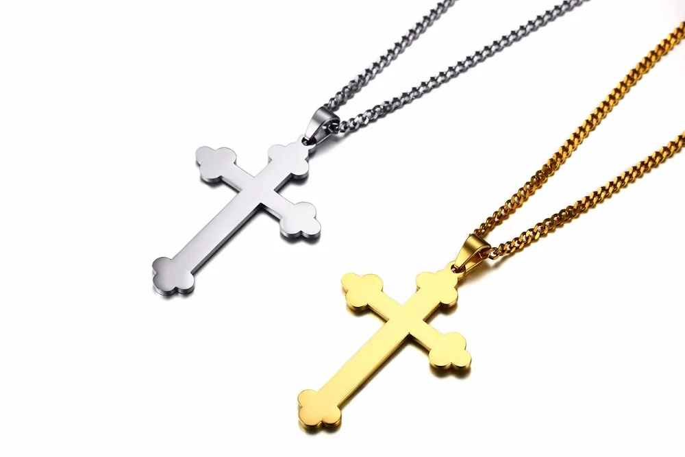 Gold-Color Big Long Flower Cross Pendant Statement Necklace Men Jewelry Religion Jesus Stainless Steel Necklaces &amp Pendants | Украшения