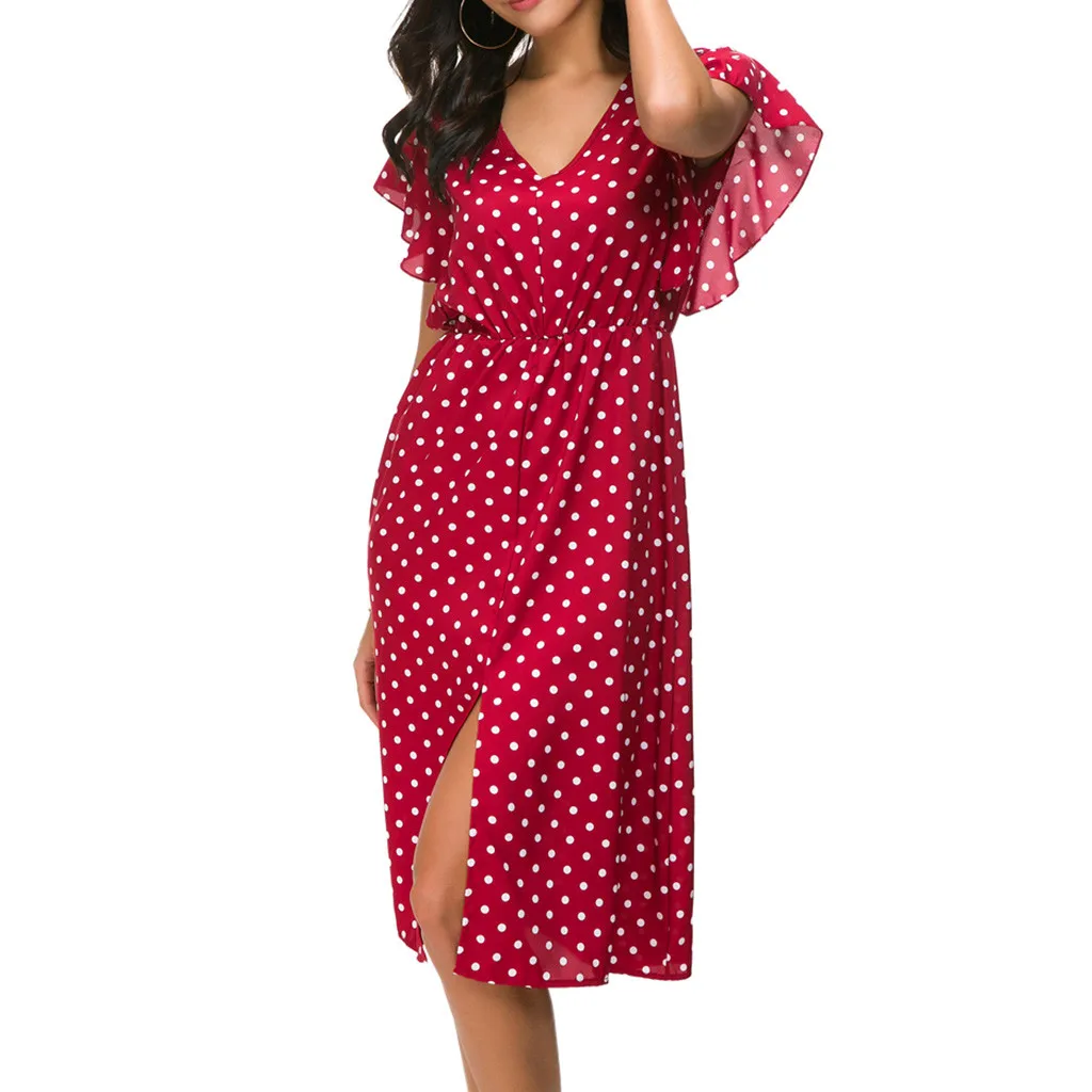 Женское платье из полиэстера в горошек с v образным вырезом повседневное летнее