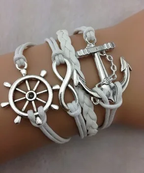 3pcs Infinity bracelet white leather anchor rudder infinity love navy braid 774 | Украшения и аксессуары