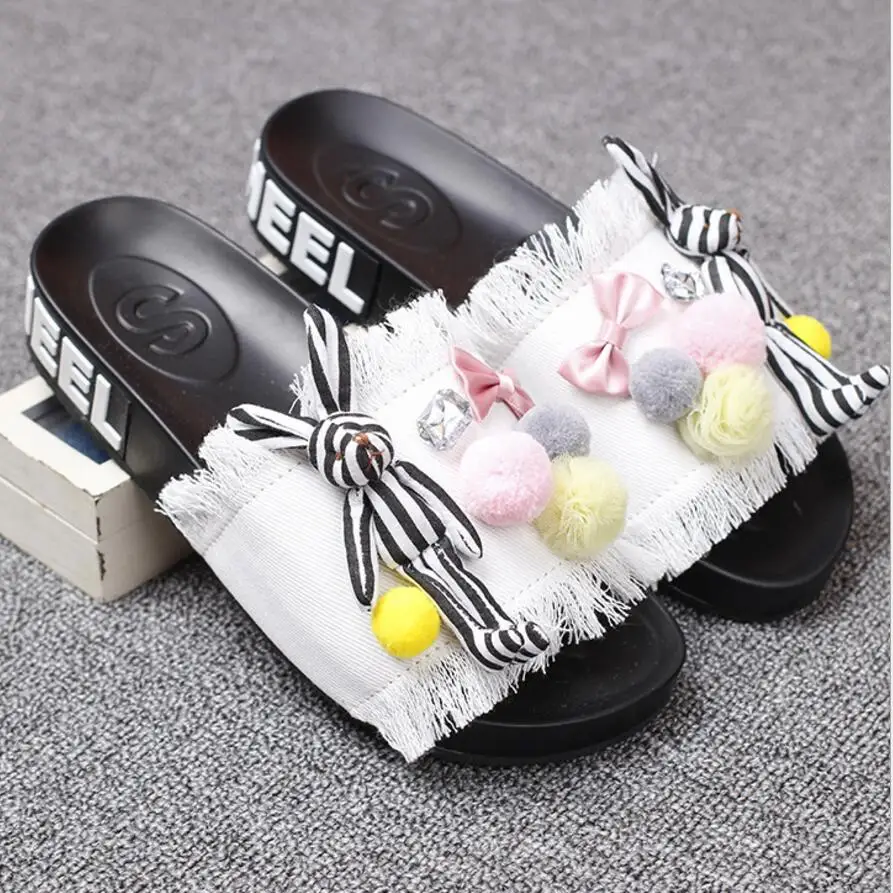 Симпатичные полосой кролик сандалии гладиаторы из денима для женщин помпонами